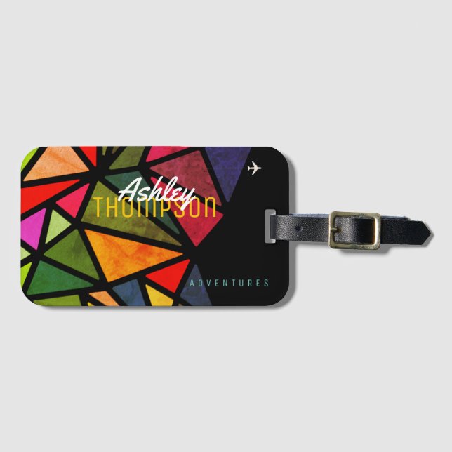 colourful triangles with name cool & modern luggage tag (Front Horizontal)