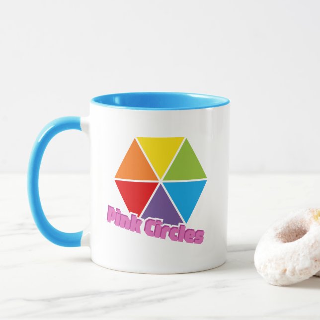 Colourful Triangles with Pink Circles Text Mug (With Donut)