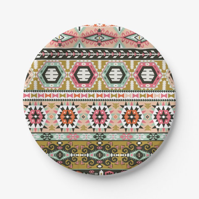 Colourful Tribal Aztec Pattern Boho Geometric  Paper Plate (Front)