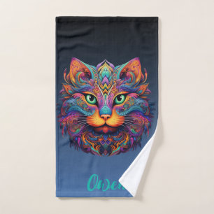 Colourful Tribal Cat - Personalised Vibrant Boho Bath Towel Set