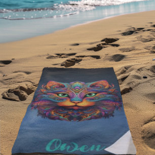 Colourful Tribal Cat - Personalised Vibrant Boho Beach Towel