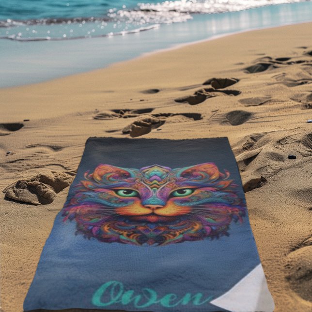 Colourful Tribal Cat - Personalised Vibrant Boho Beach Towel (Creator Uploaded)