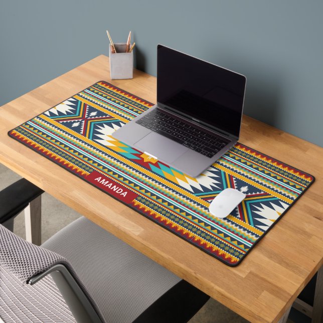 Colourful tribal ethnic geometric pattern monogram desk mat (Office 2)