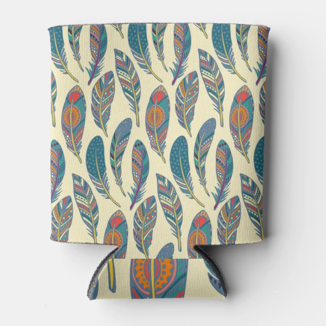 Colourful tribal feathers, ethnic seamless design. can cooler (Front)