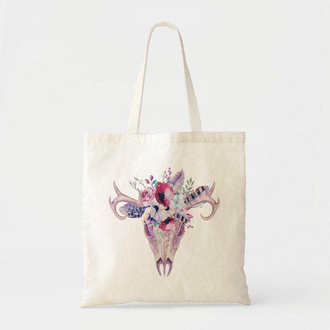 Colourful Tribal Floral Boho Skull Tote Bag (Front)