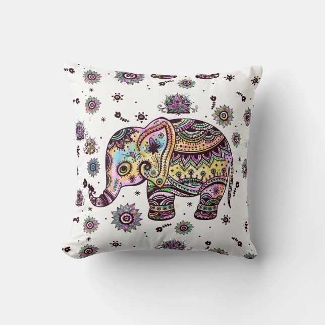 Colourful Tribal Floral Elephant Cushion (Front)