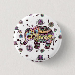 Colourful tribal flowers elephant 3 cm round badge