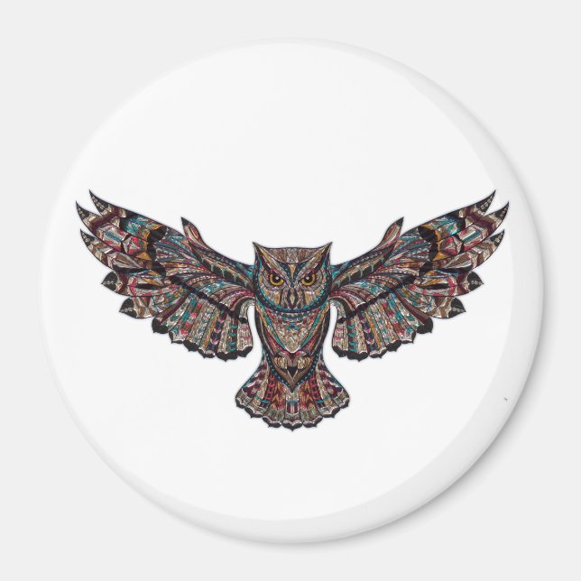 Colourful Tribal Flying Owl Magnet (Front)