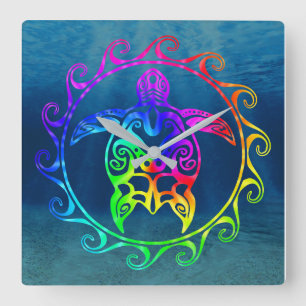 Colourful Tribal Turtle Square Wall Clock