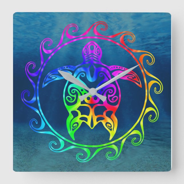 Colourful Tribal Turtle Square Wall Clock (Front)