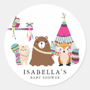 Colourful Tribal Woodland Friends Baby Shower Classic Round Sticker