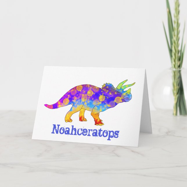 Colourful Triceratops Dinosaur Art Noah Add Name Holiday Card (Front)
