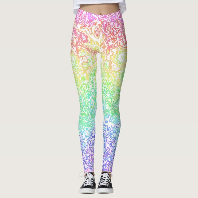 Colourful Trippy Boho Hippie Groovy Rainbow Marble Leggings (Front)