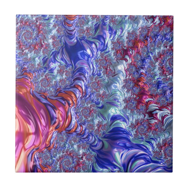 Colourful Trippy Groovy Digital Abstract Fractal Tile (Front)