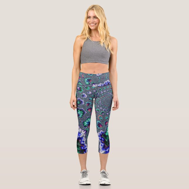 Colourful Trippy Groovy Spiral Abstract Fractal Capri Leggings (Front)