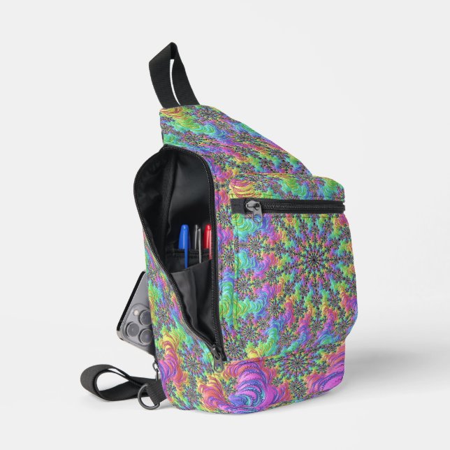 Colourful Trippy Vibrant Groovy Fractal Burst Sling Bag (Open)