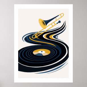 Colourful Trombone & Vinyl Record Art Poster