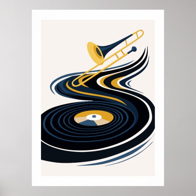 Colourful Trombone & Vinyl Record Art Poster (Front)
