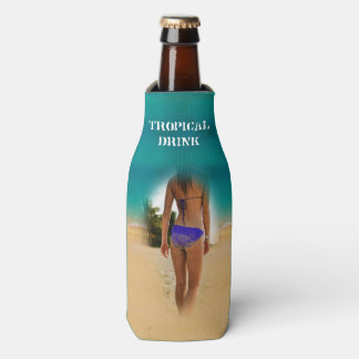 Colourful Tropical Beach - Bikini Girl, Bottle Cooler