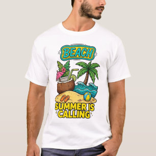Colourful tropical beach illustration featuring a T-Shirt