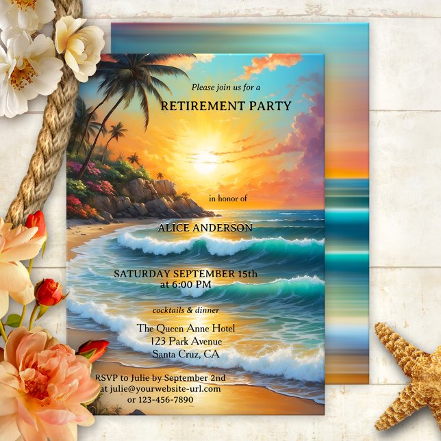 Colourful Tropical Beach Sunset Retirement  Invitation (Retirement party invitation featuring a colorful sunset on a tropical beach - travel - nautical)