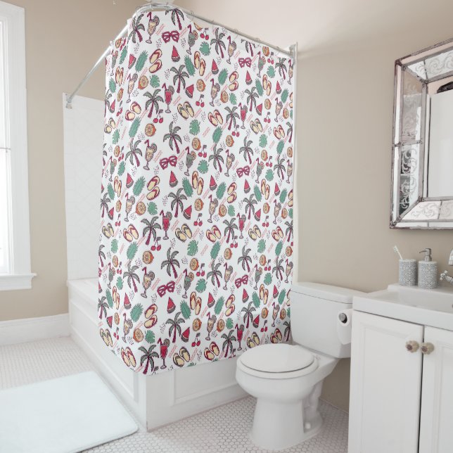 Colourful tropical beach vacation themed pattern shower curtain (In Situ)