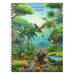 Colourful tropical birds among vibrant, lush plans notebook