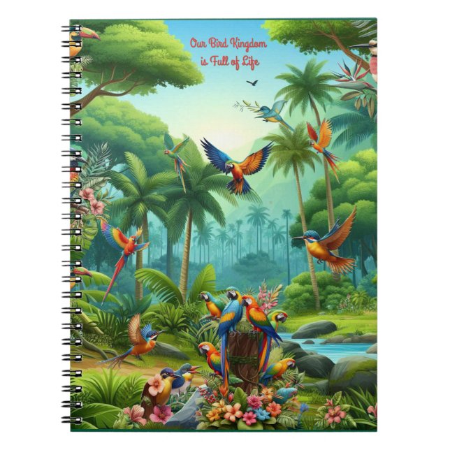 Colourful tropical birds among vibrant, lush plans notebook (Front)