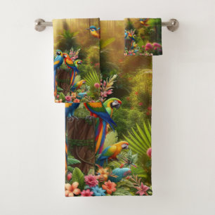 Colourful Tropical Birds among Vibrant, Lush Plant Bath Towel Set