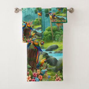 Colourful Tropical Birds among Vibrant, Lush Plant Bath Towel Set