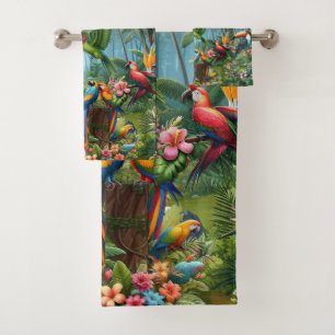 Colourful Tropical Birds among Vibrant, Lush Plant Bath Towel Set