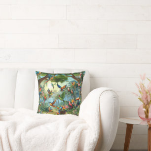 Colourful Tropical Birds among Vibrant, Lush Plant Cushion