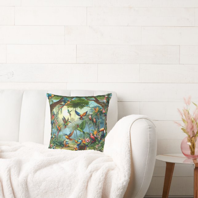 Colourful Tropical Birds among Vibrant, Lush Plant Cushion (Couch)