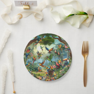 Colourful tropical birds among vibrant, lush plant paper plate