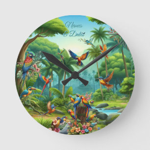 Colourful Tropical Birds among Vibrant, Lush Plant Round Clock