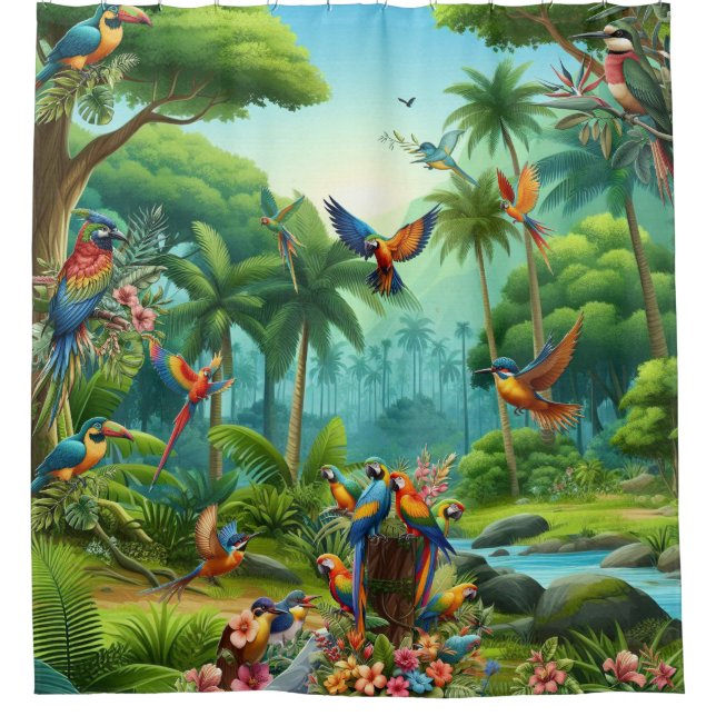 Colourful Tropical Birds among Vibrant, Lush Plant Shower Curtain (Front)