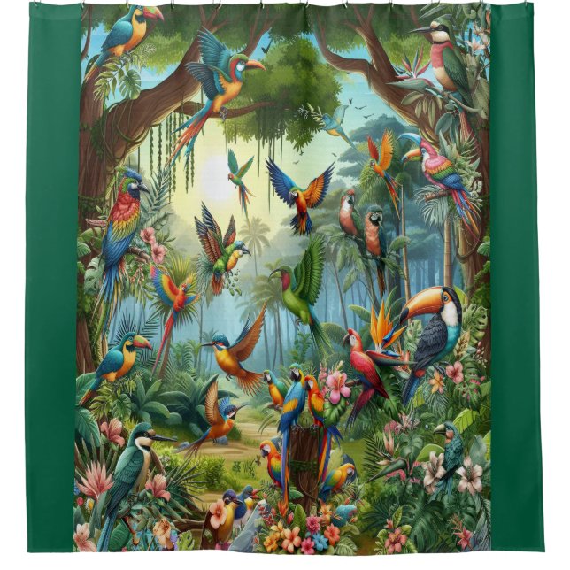 Colourful Tropical Birds among Vibrant, Lush Plant Shower Curtain (Front)