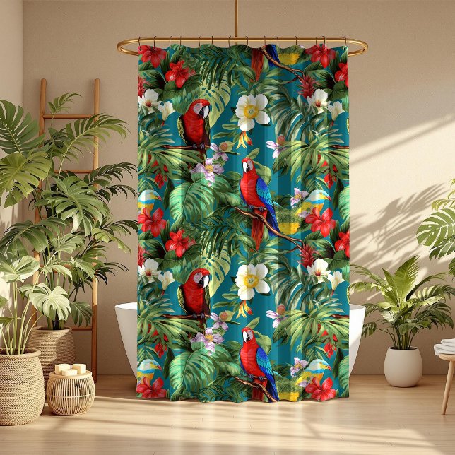Colourful Tropical Birds and Flowers Foliage Shower Curtain (Colorful Tropical Birds and Flowers Foliage Shower Curtain in a boho mocha bathroom with flowers)