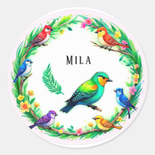 Colourful Tropical Birds Circle Floral Frame Classic Round Sticker