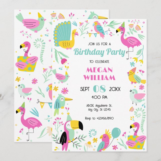 Colourful tropical birds invitation (Front/Back)