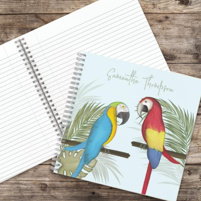Colourful Tropical Birds Personalised  Notebook (Whimsical watercolor tropical parrots spiral notebook, square template)