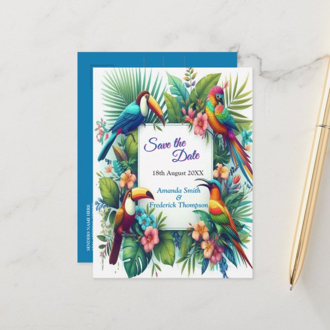 Colourful Tropical Birds & Vibrant Lush Plants Announcement Postcard (Front/Back In Situ)