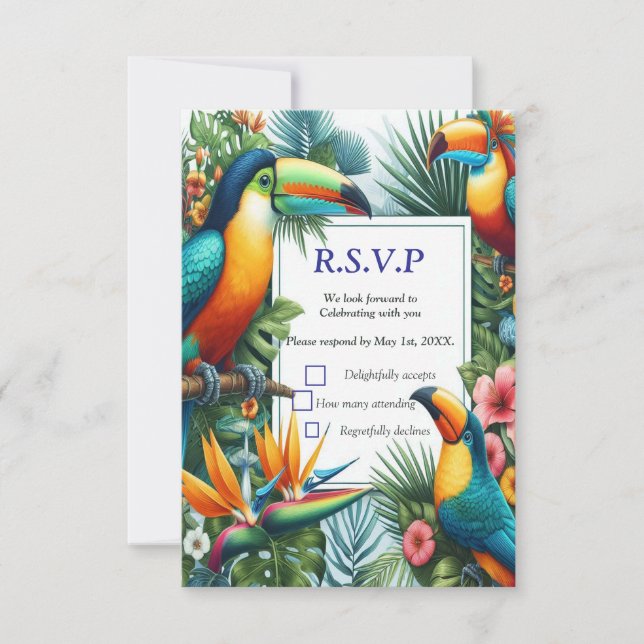Colourful Tropical Birds & Vibrant Lush Plants RSVP Card (Front)