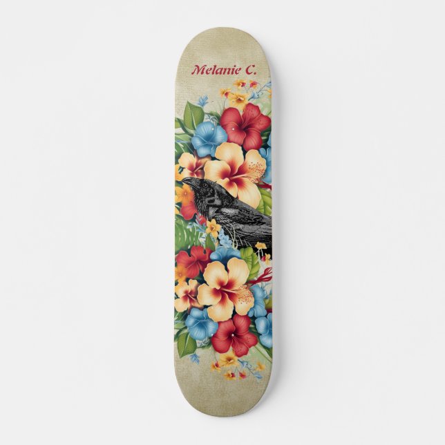 Colourful Tropical Black Raven  Skateboard (Front)