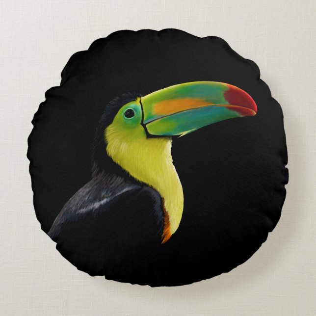 Colourful Tropical Black Yellow Green Toucan Round Cushion (Front)