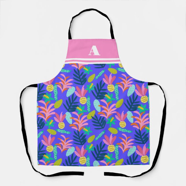 Colourful tropical blue floral modern pretty Apron (Front)