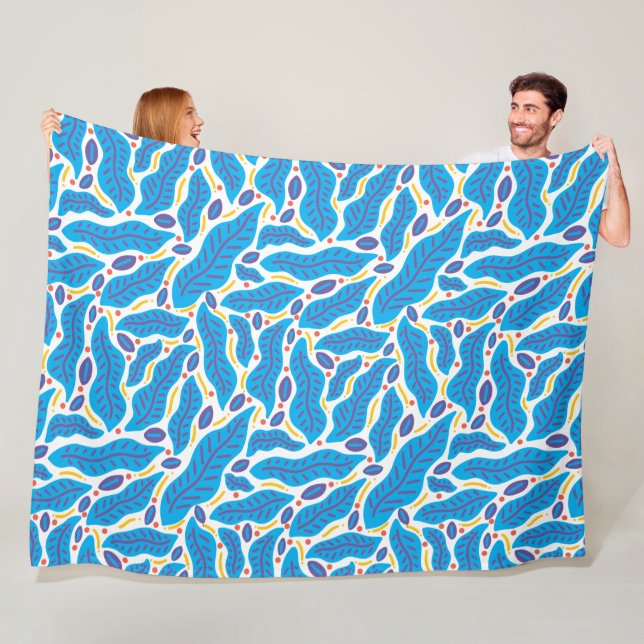 Colourful Tropical Blue Leaves Doodle Fleece Blanket (In Situ)
