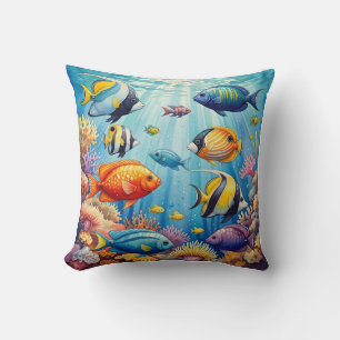 Colourful Tropical Coral Reef Fish Watercolor Cushion