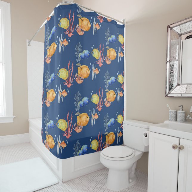  Colourful Tropical Fish Aquarium Shower Curtain (In Situ)