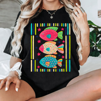 Colourful Tropical Fish Folk Art Coastal Ocean Sea T-Shirt